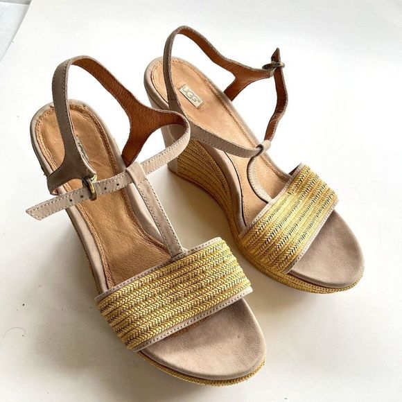 UGG Australia Fitchie Platform Wedge Sandals T-STRAP Oyster Tan beige Si… - Picture 1 of 10